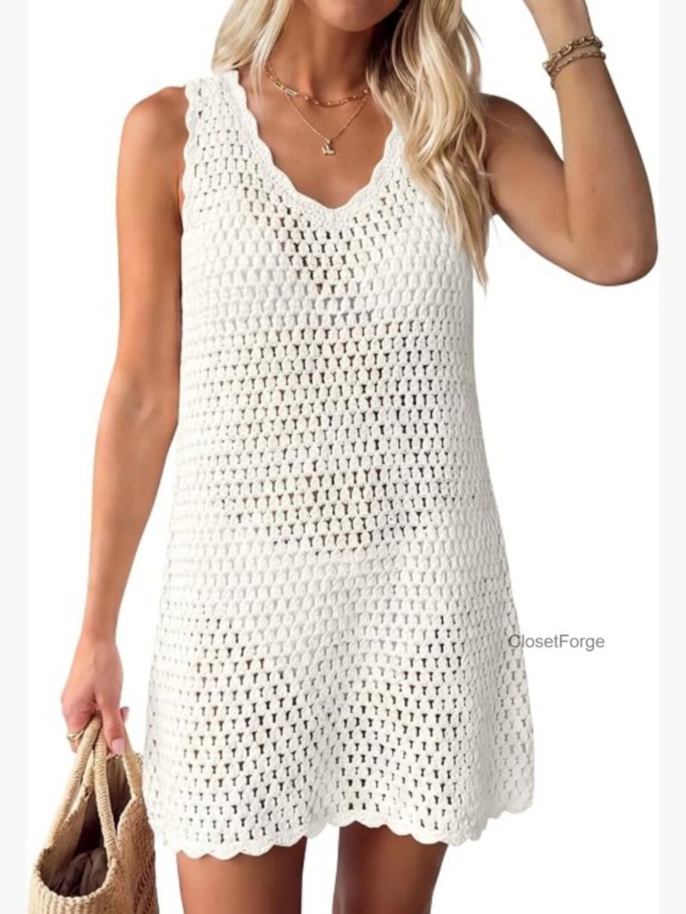 V Neck Knit Crochet Backless Swimsuit Cover Up Dress